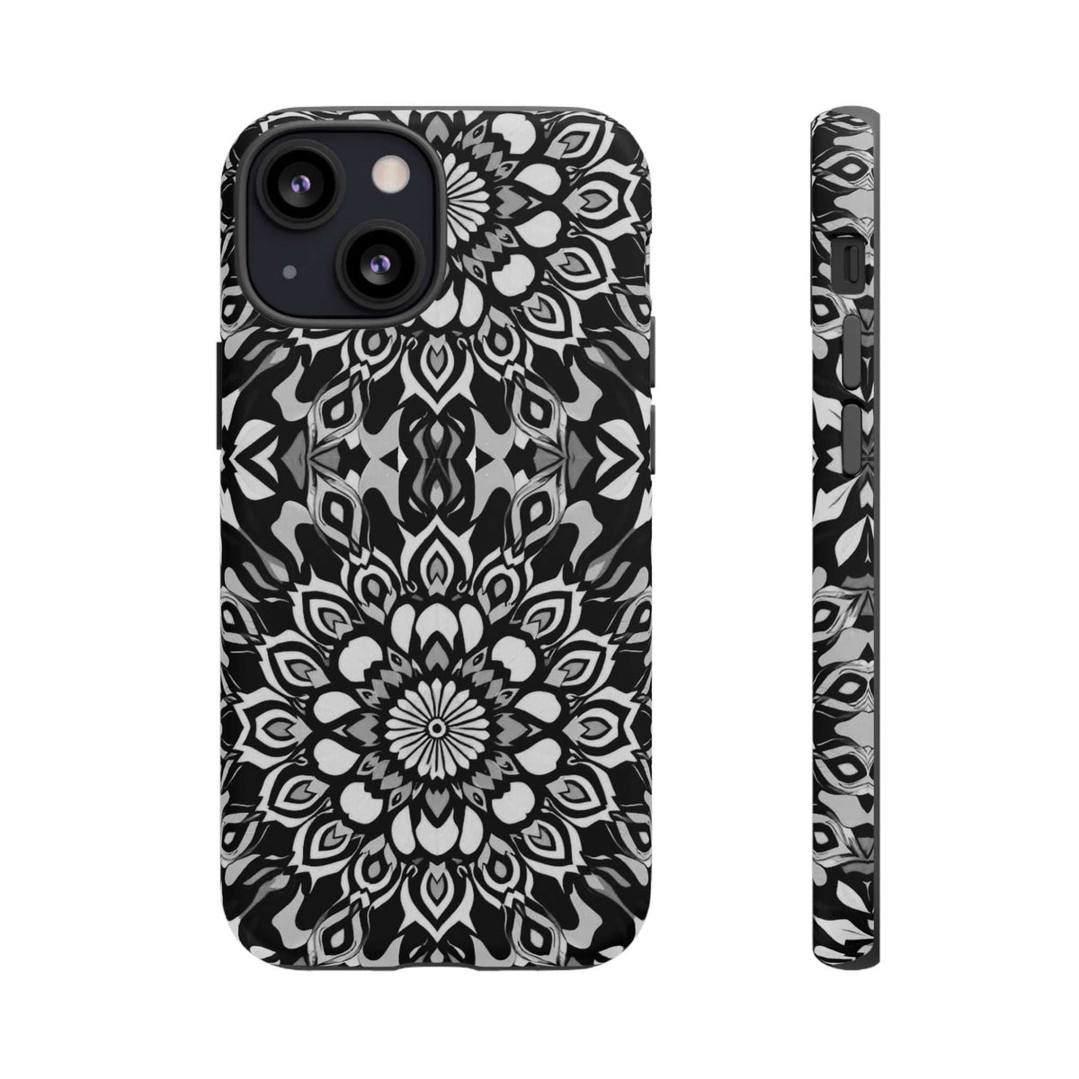 Mandala phone case front and side profile with black-and-white floral mandala design