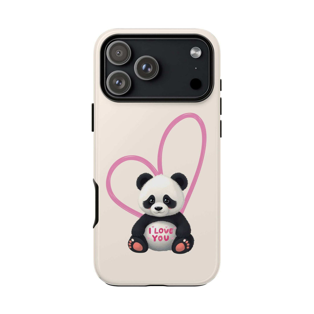 Cute panda heart phone case with black camera cutouts and pink heart outline