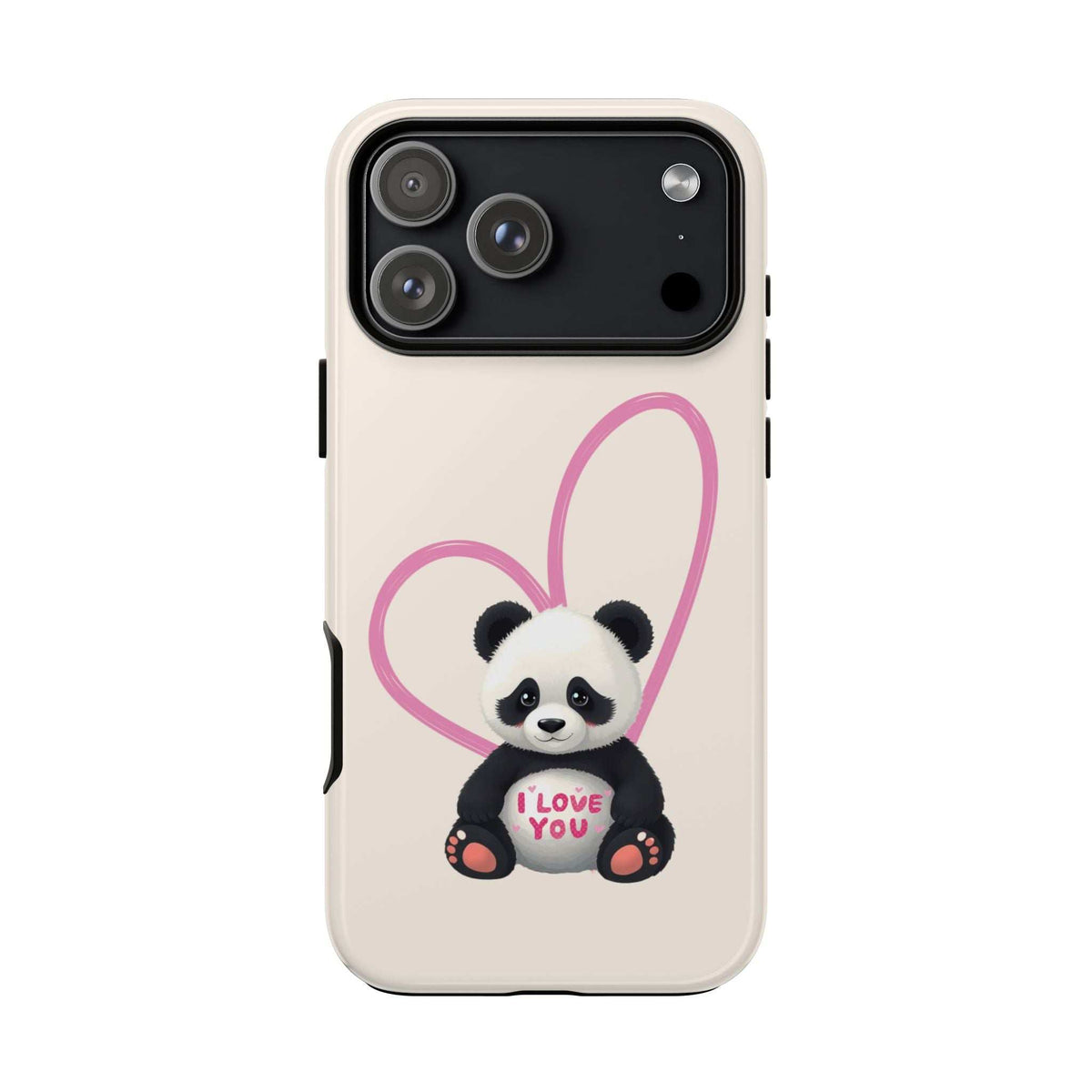 Cute panda heart phone case with black camera cutouts and pink heart outline