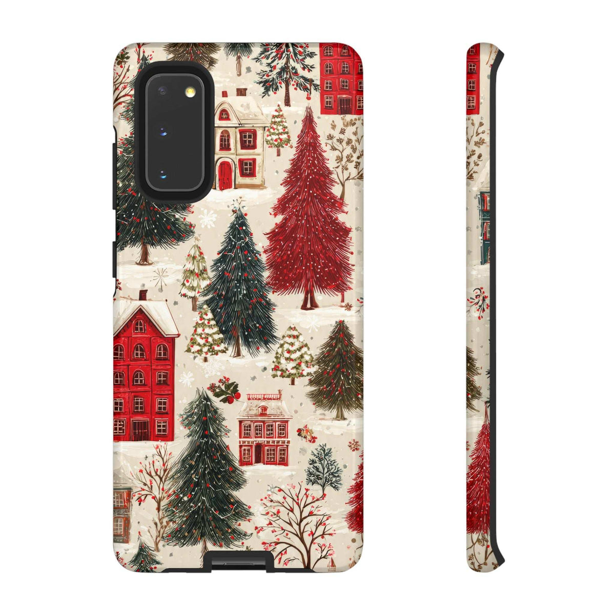 Phone case with winter village scene, red houses and evergreen trees, camera cutouts