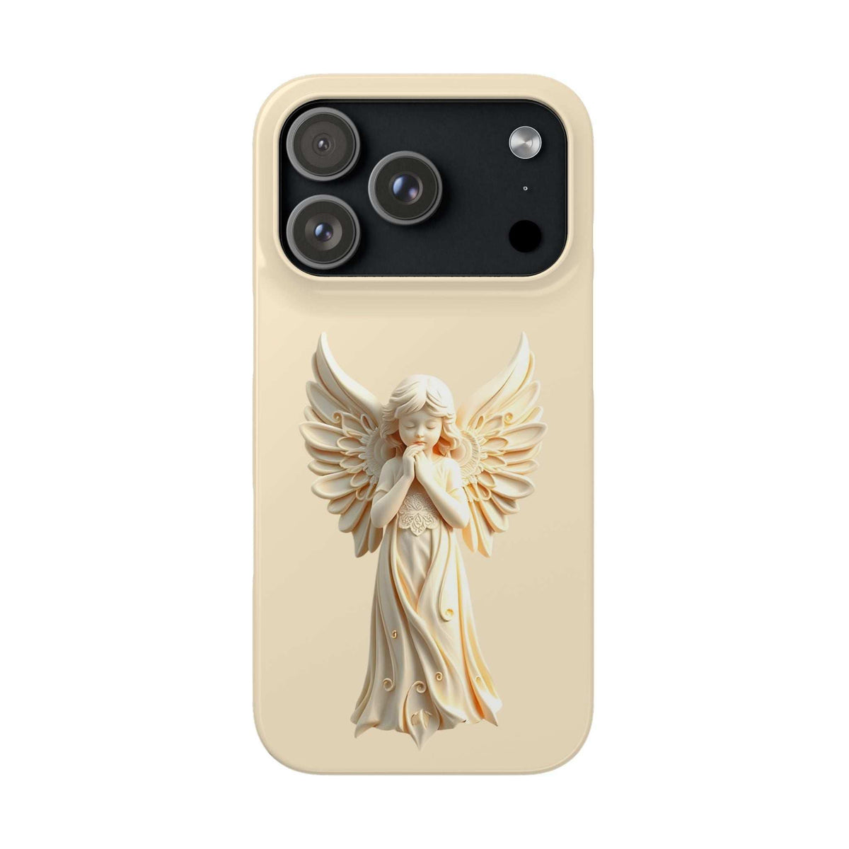 Light beige phone case with raised angel figurine and multiple camera openings