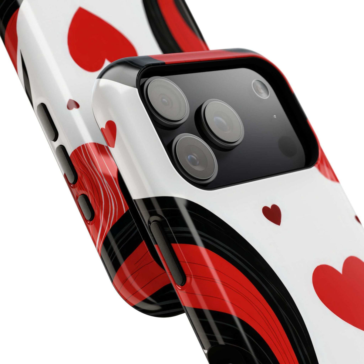 Glossy white phone case with red heart pattern and red wave accents, camera lens cutouts