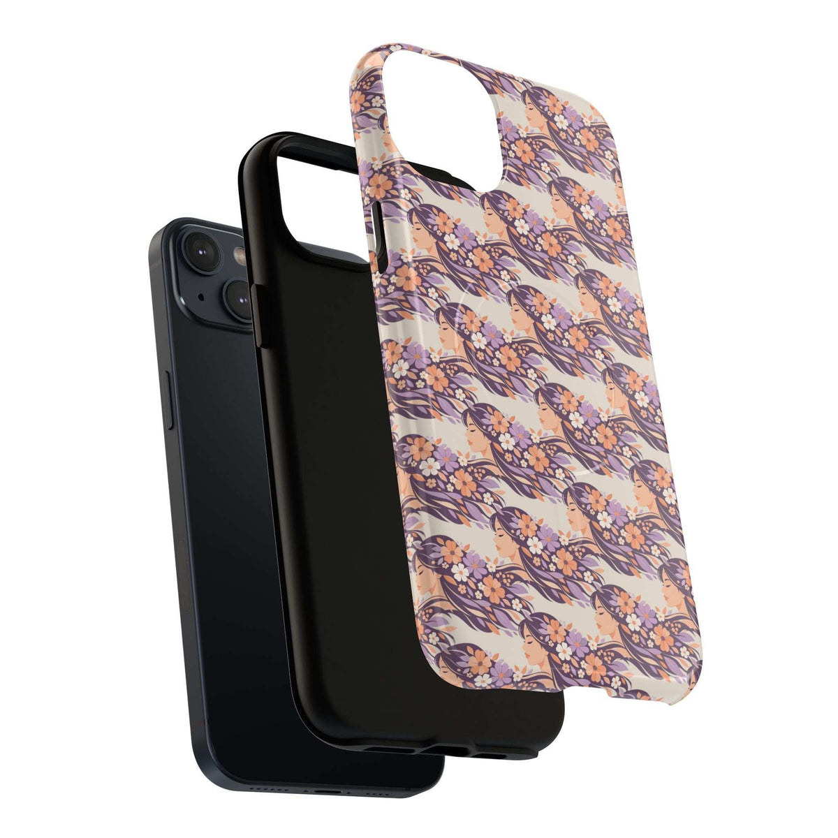 Floral phone case with lilac-and-pink blossom print, open cutout for camera