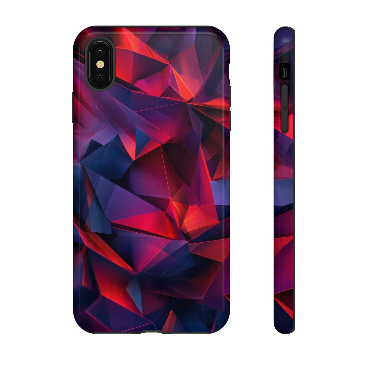 Glossy crystalline prism phone case front and side view with port opening, red blue pattern