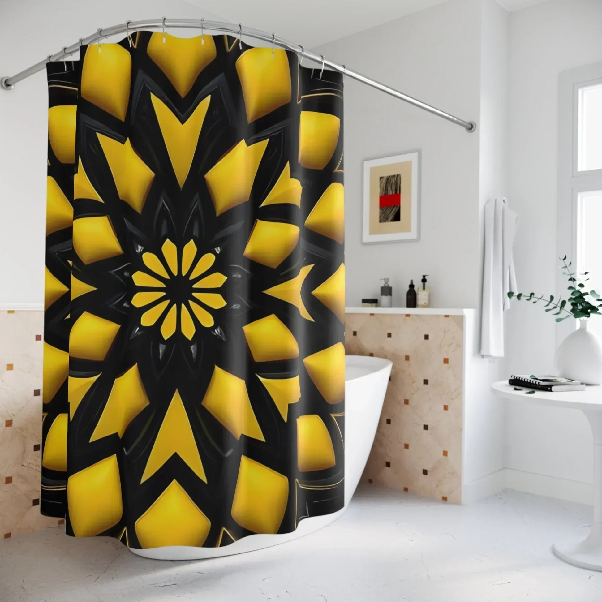 Black & Yellow Geometric Shower Curtain – Bold Modern Bathroom Decor - KarArmDesign