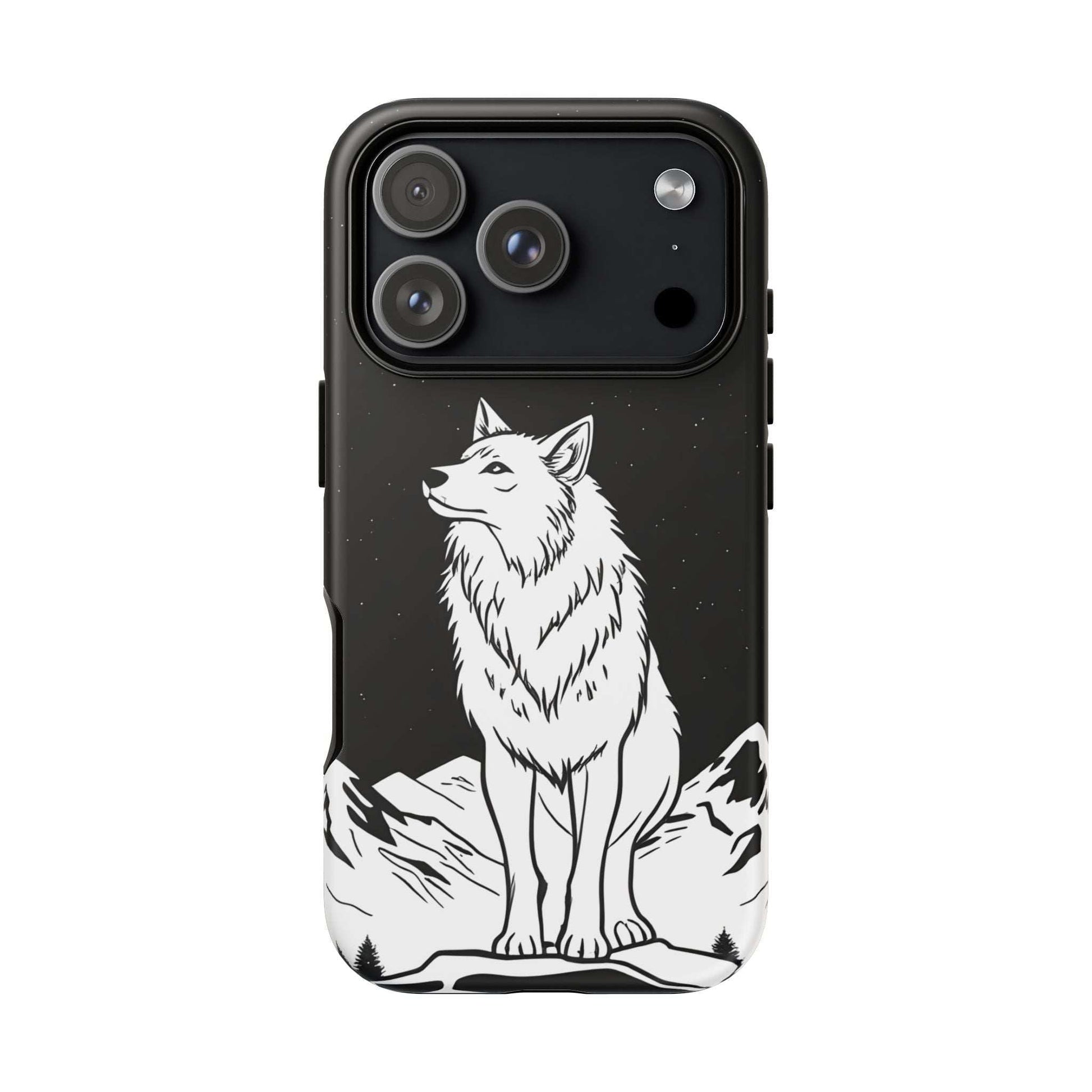 Black wolf phone case with three camera lenses and white graphic on lower edge