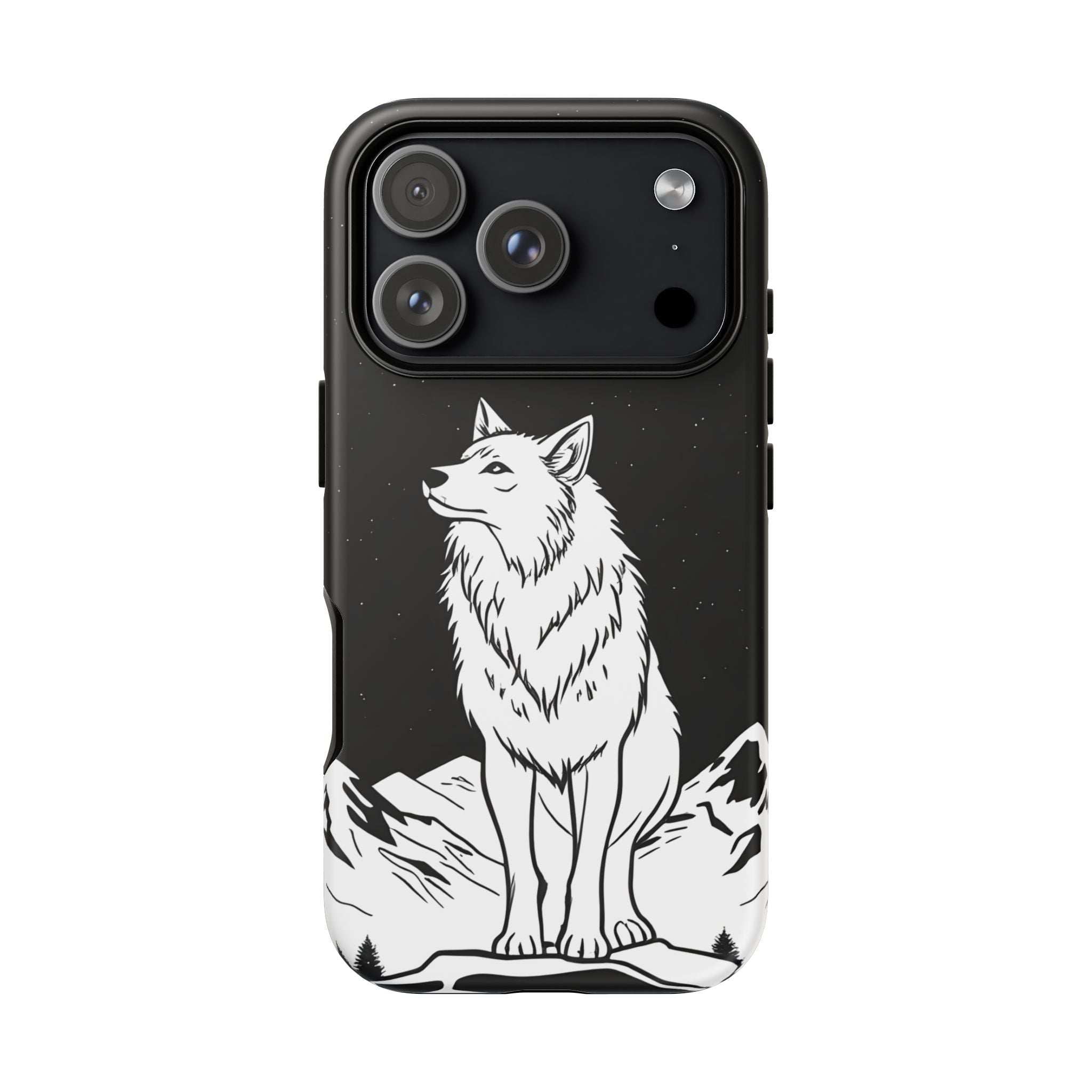 Black wolf phone case with three camera lenses and white graphic on lower edge