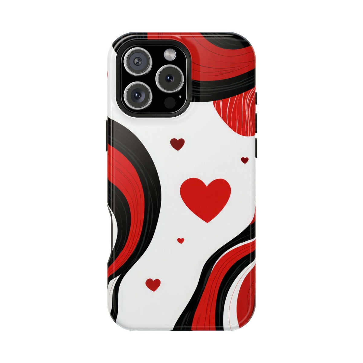 Glossy phone case with red hearts and flowing black/red curves on white, camera opening visible