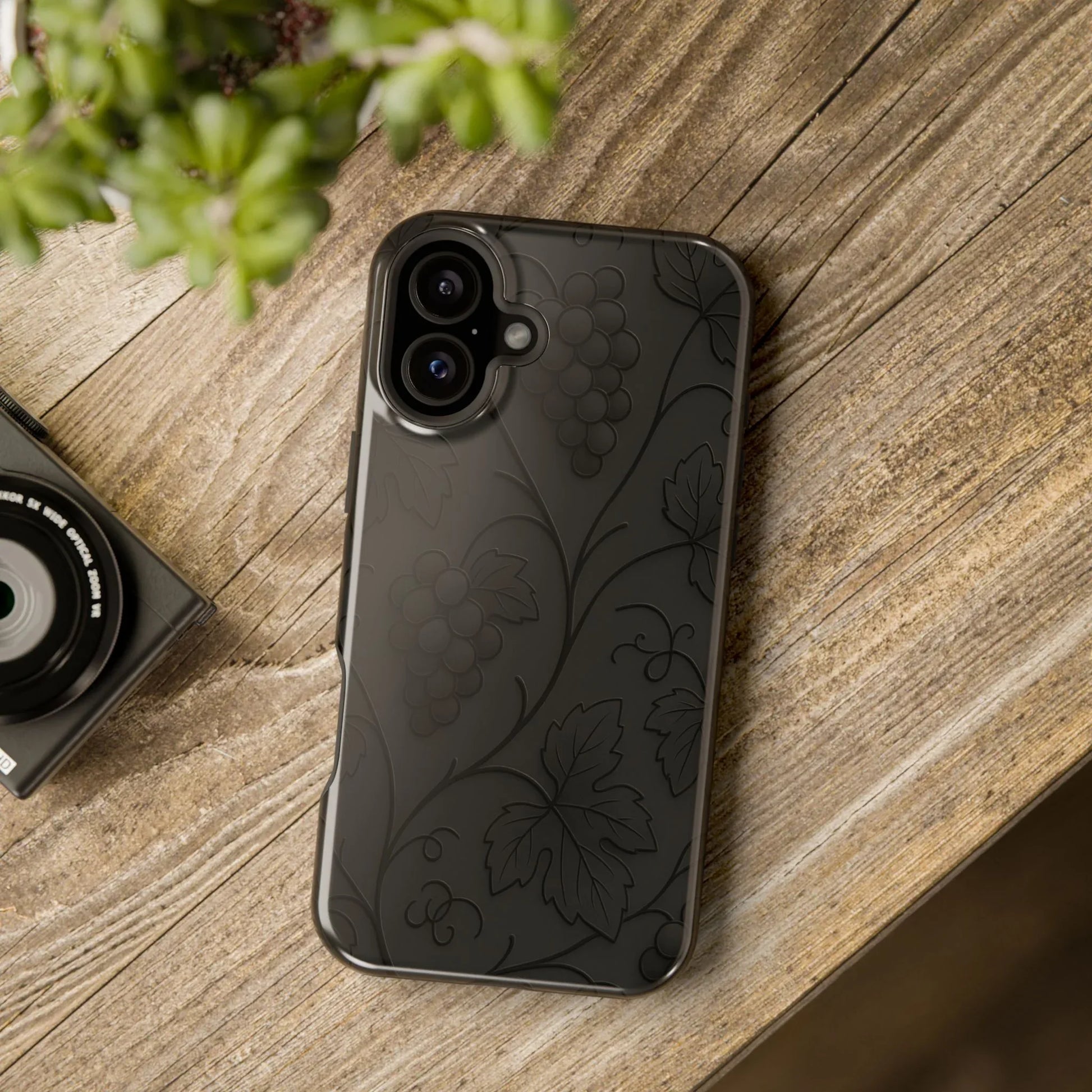 Elegant Embossed Grape Leaf Black Phone Case for iPhone and Galaxy - KARARMDESIGN
