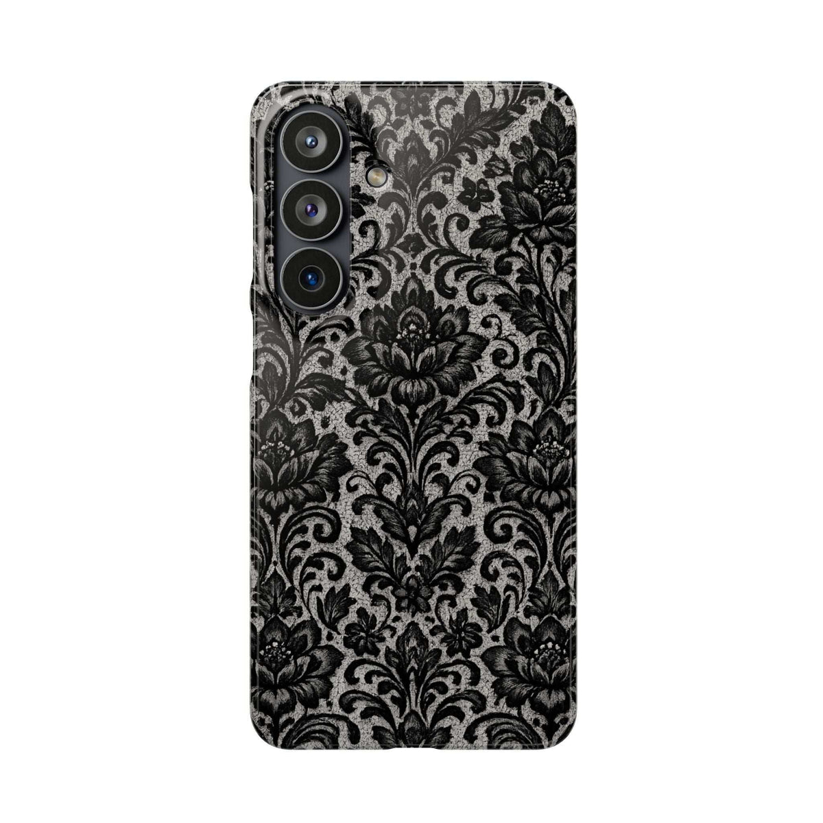 Black damask floral phone case with camera cutouts, front view