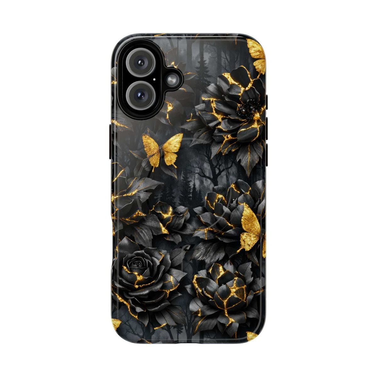 iPhone phone case featuring gold butterfly details and black roses with kintsugi gold lines