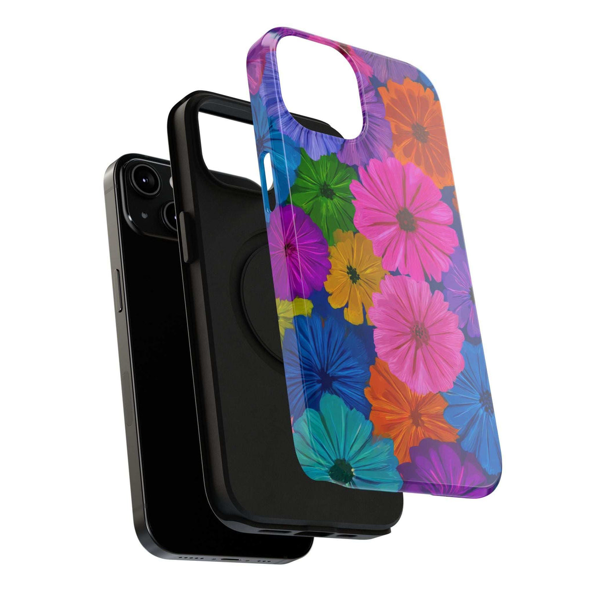 Floral bloom phone case with colorful flowers, raised edges, and camera cutouts