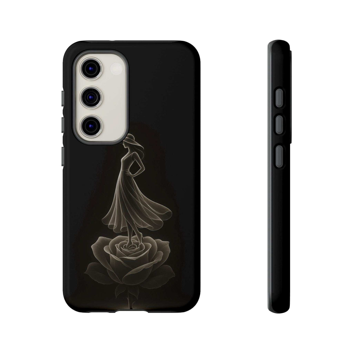 Black glossy phone case with gold ballerina and rose print; camera cutout details