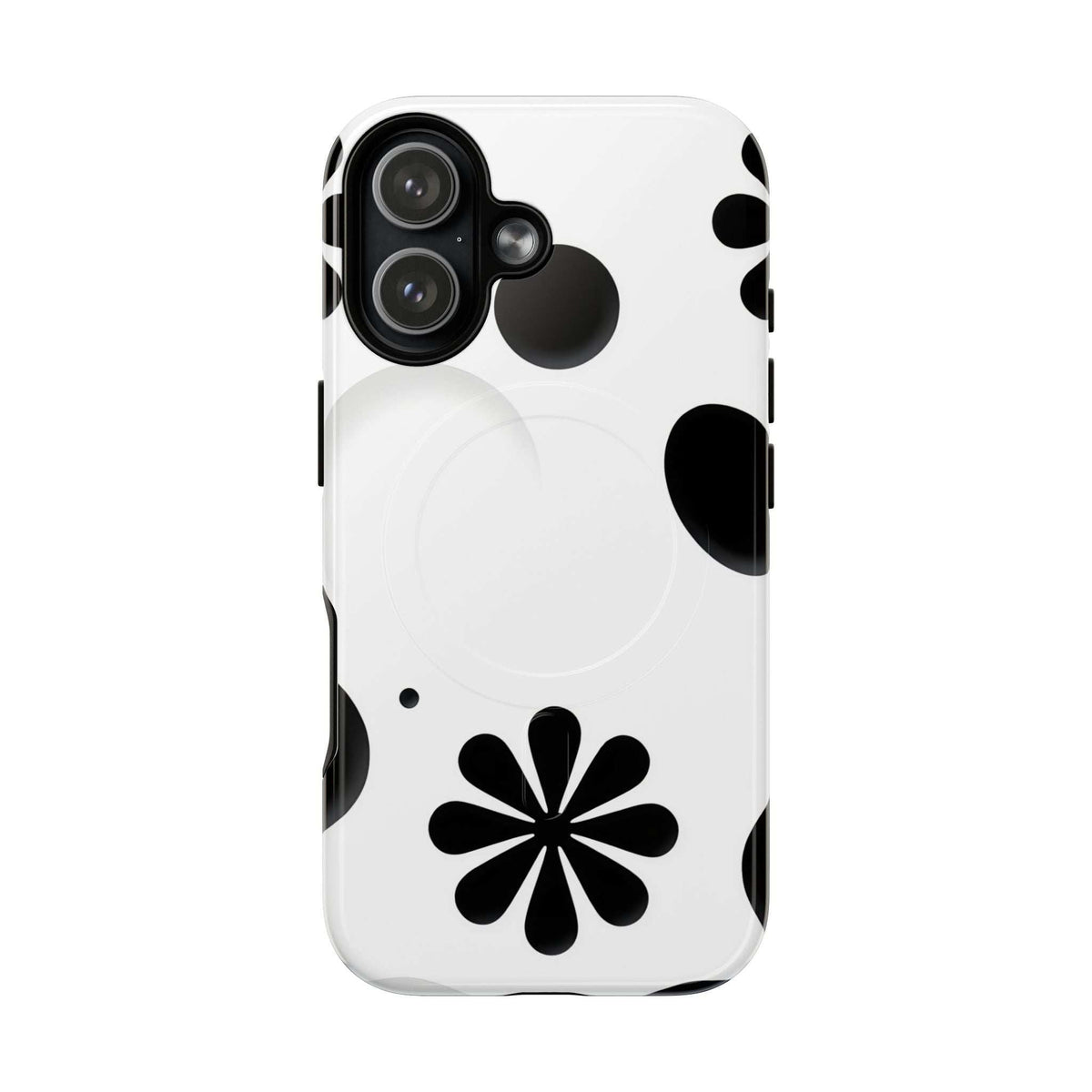 Phone case with black flower motif on white, raised camera area and side buttons
