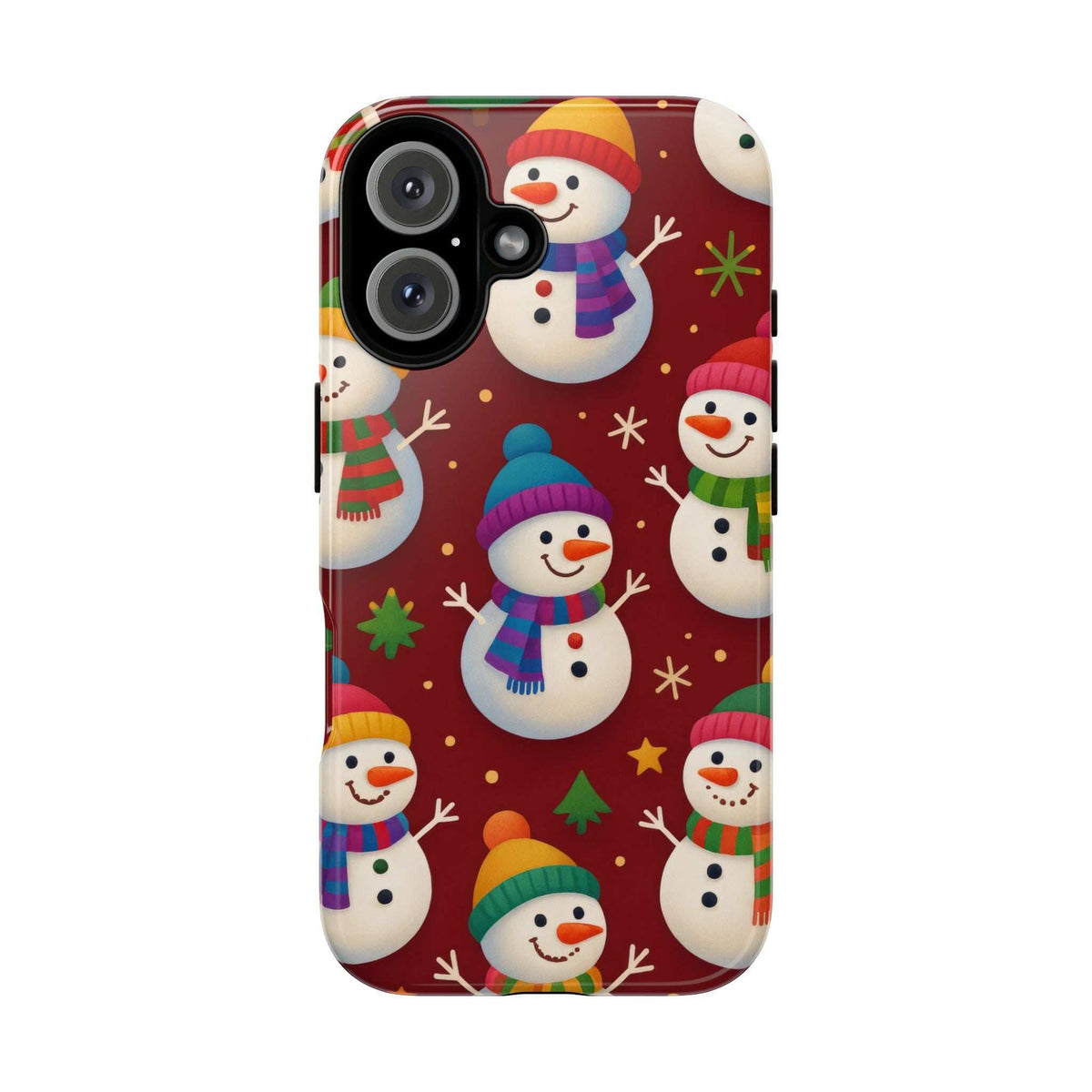 Glossy phone case front close-up with maroon snowmen and festive icons; camera lenses protected.