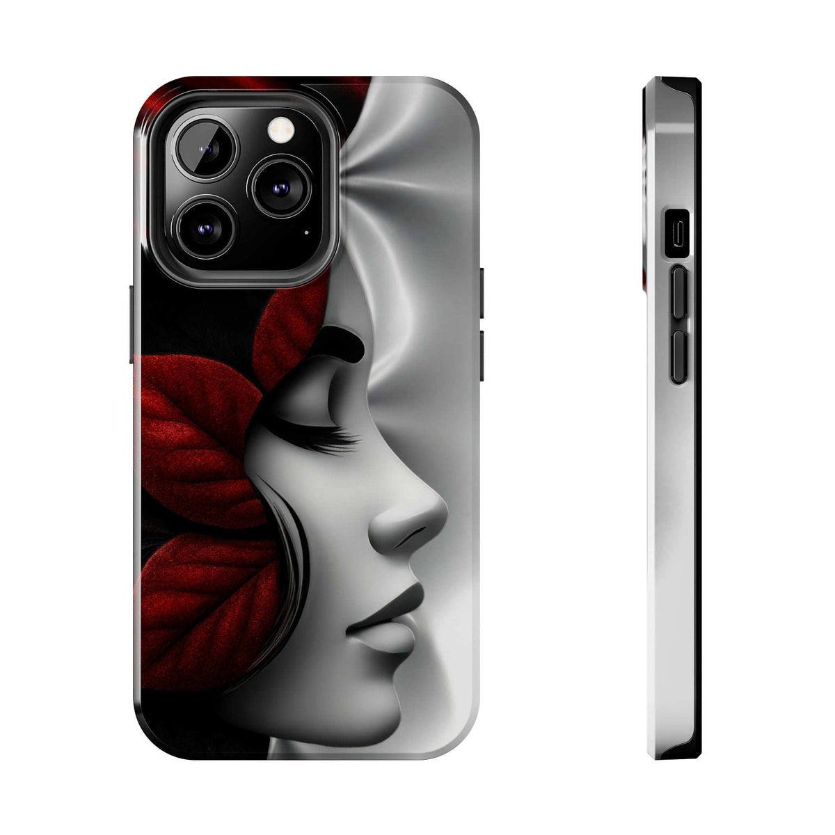 Silvery phone case with raised face and red floral art, cutouts for camera and ports