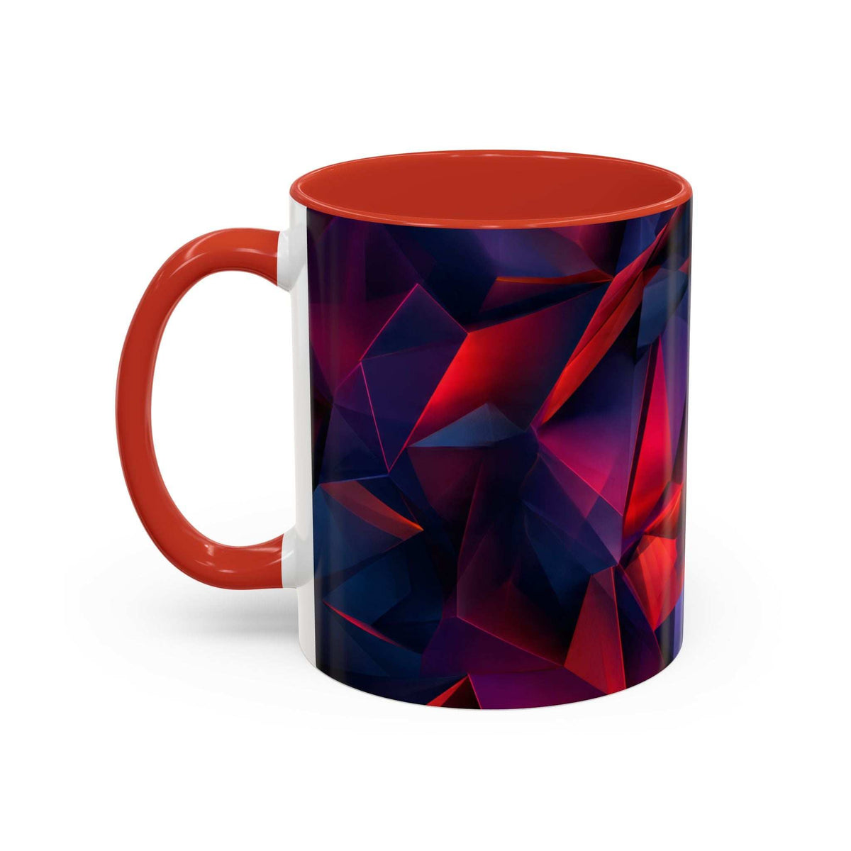 Ceramic accent mug with orange handle and faceted red/purple/blue geometric pattern, black interior