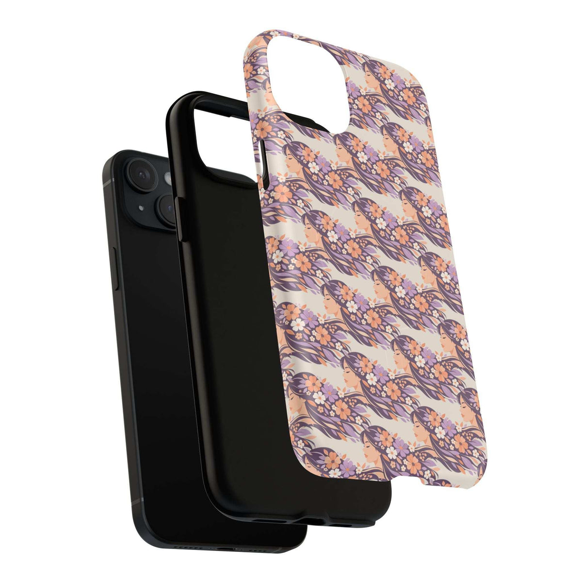 Floral phone case with peach and purple blossom pattern, protective corners and camera lens