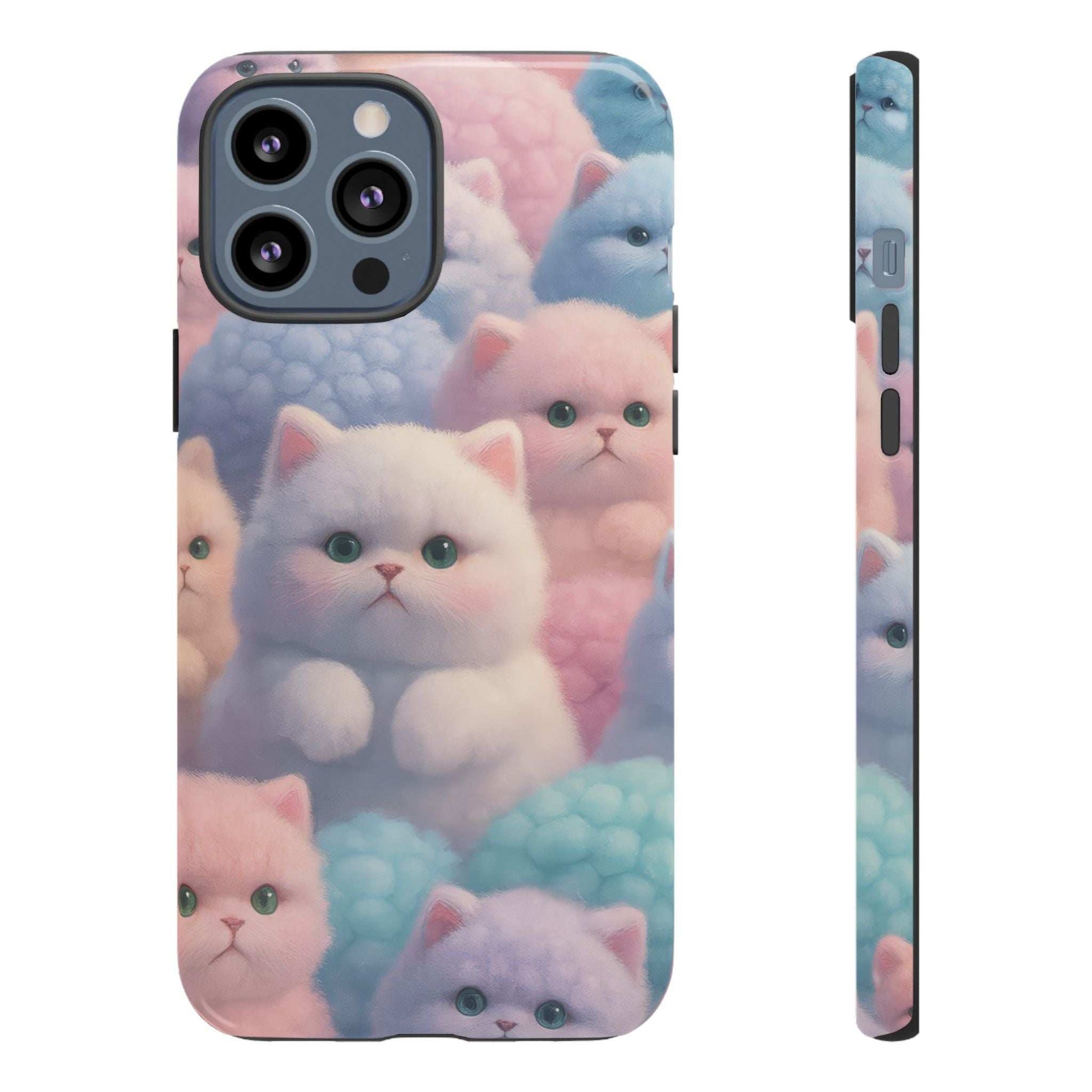 Glossy phone case with pastel kittens and clouds, clear front view and camera openings