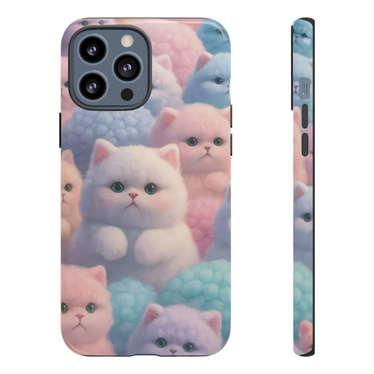 Glossy phone case with pastel kittens and clouds, clear front view and camera openings