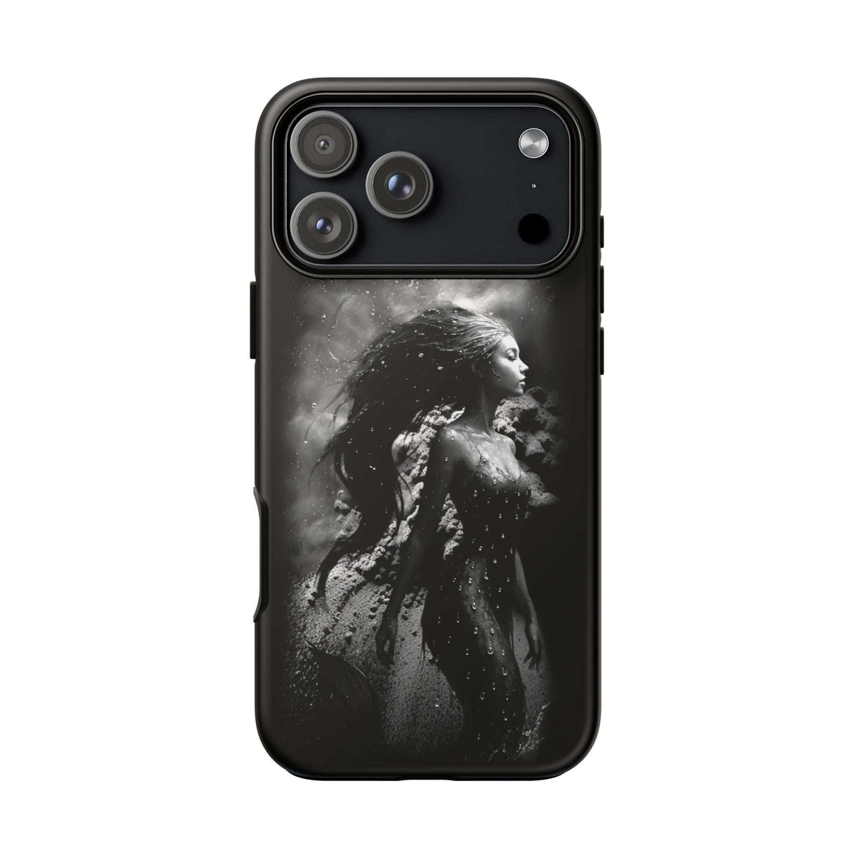 Black phone case back with grayscale mermaid portrait, camera cluster cutouts.