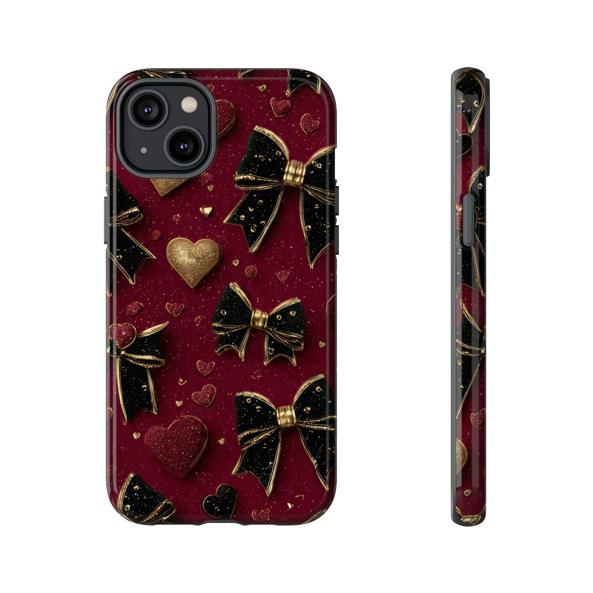Maroon glossy phone case with gold hearts, bows, and small heart icons; velvet-like glitter