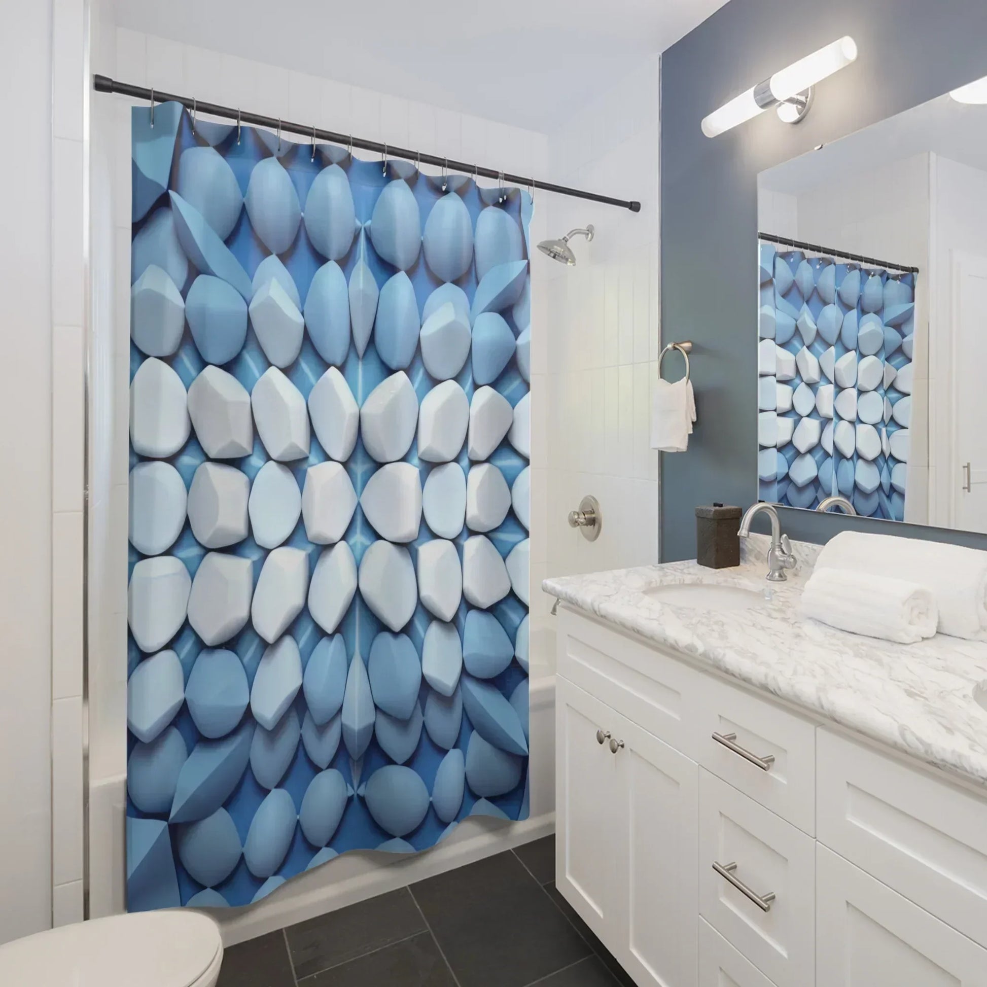 Blue & White 3D Geometric Shower Curtain – Modern Bathroom Accent - KarArmDesign