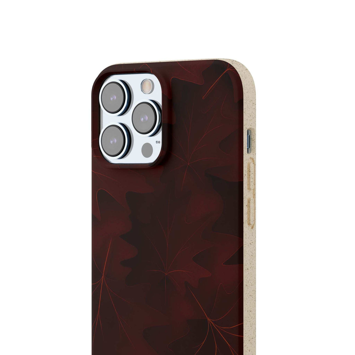 Burgundy leaf-pattern phone case front with quad-camera cutout and speaker cutouts.
