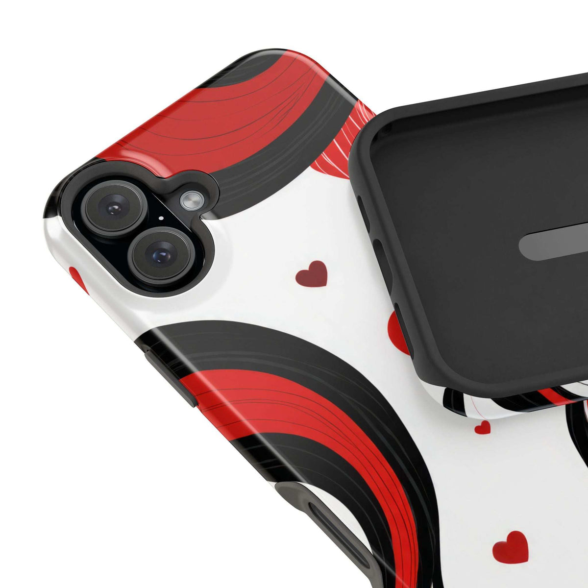 Phone case angled view with red and black swirls over white and heart icons