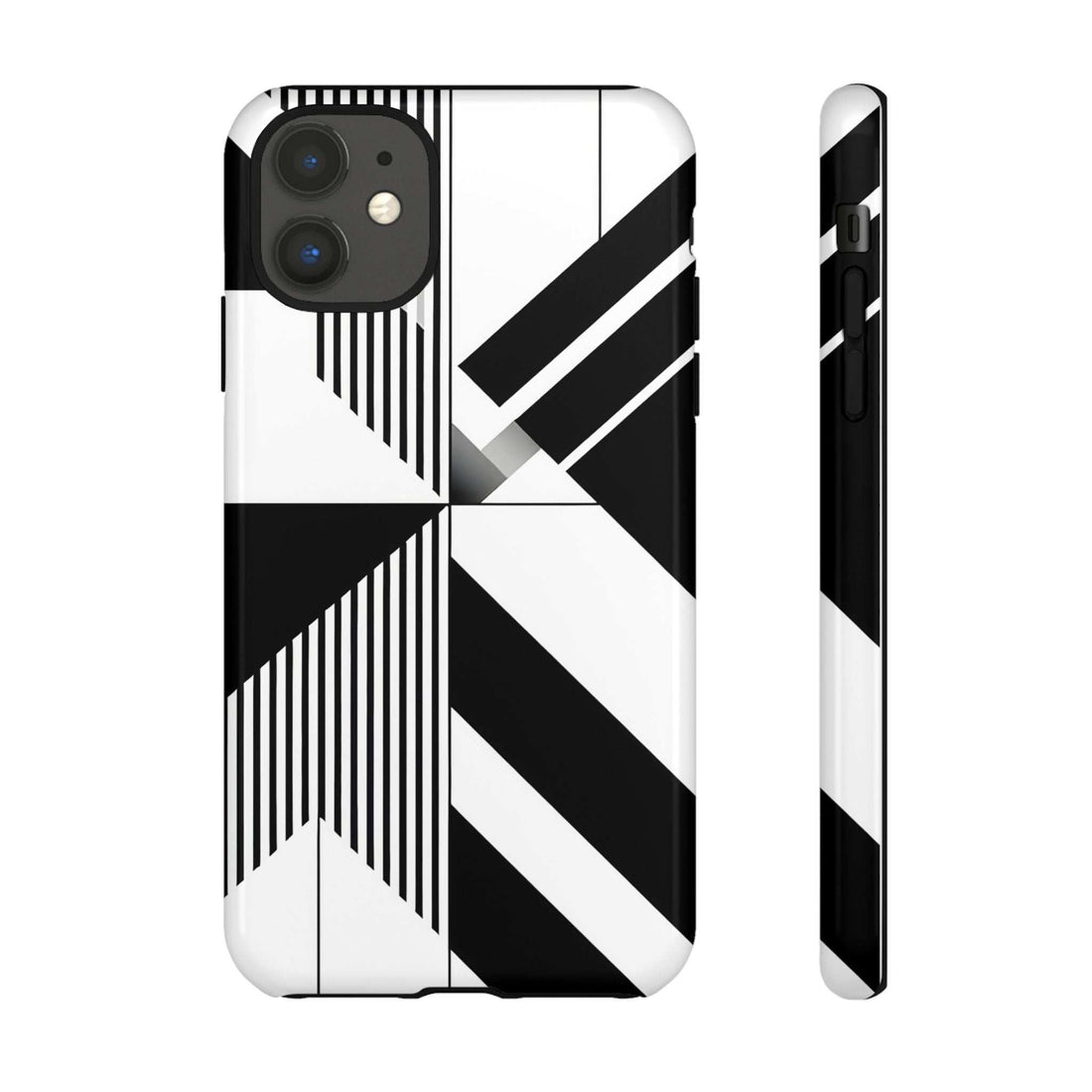 Tough phone case with black-and-white geometric stripes pattern, camera cutouts
