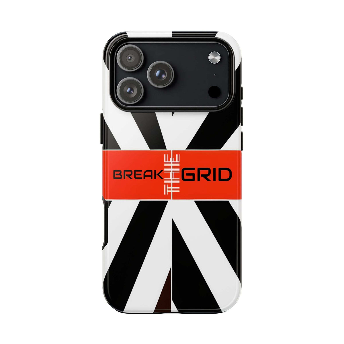 Phone case with black-and-white graphic, red BREAK GRID band, and camera cutout