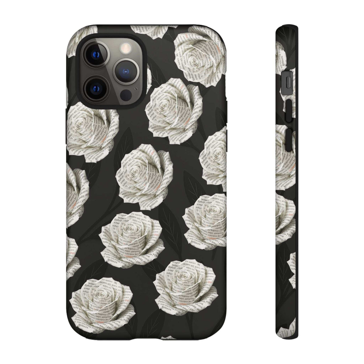 Silent Bloom phone case, black with white roses; back and side profile with cutouts
