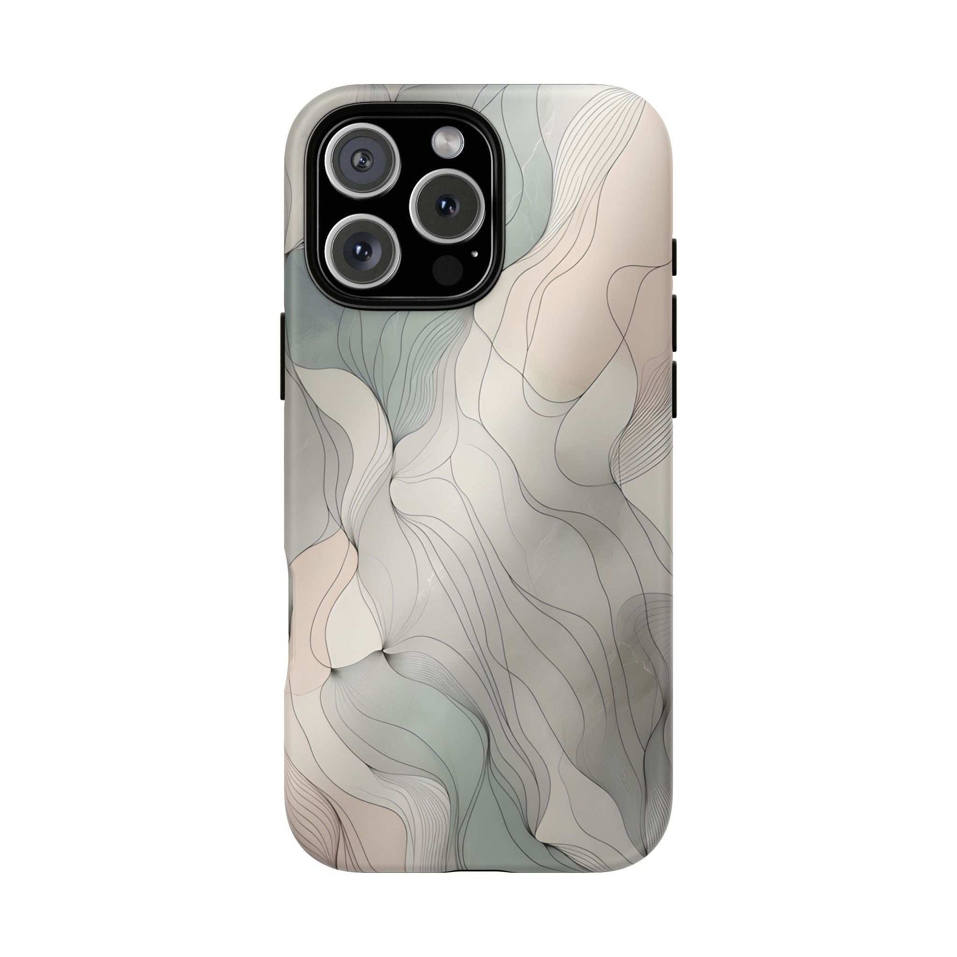 Pastel wave phone case with beige and blue-gray wave lines, triple camera cutout