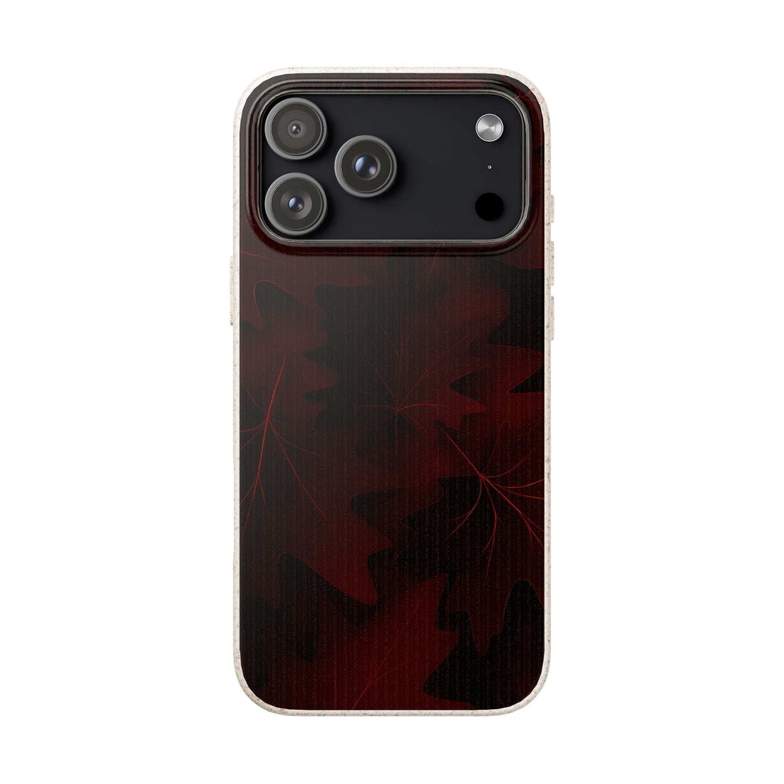 Red and dark leaf-pattern phone case with camera cutouts and raised lens frame