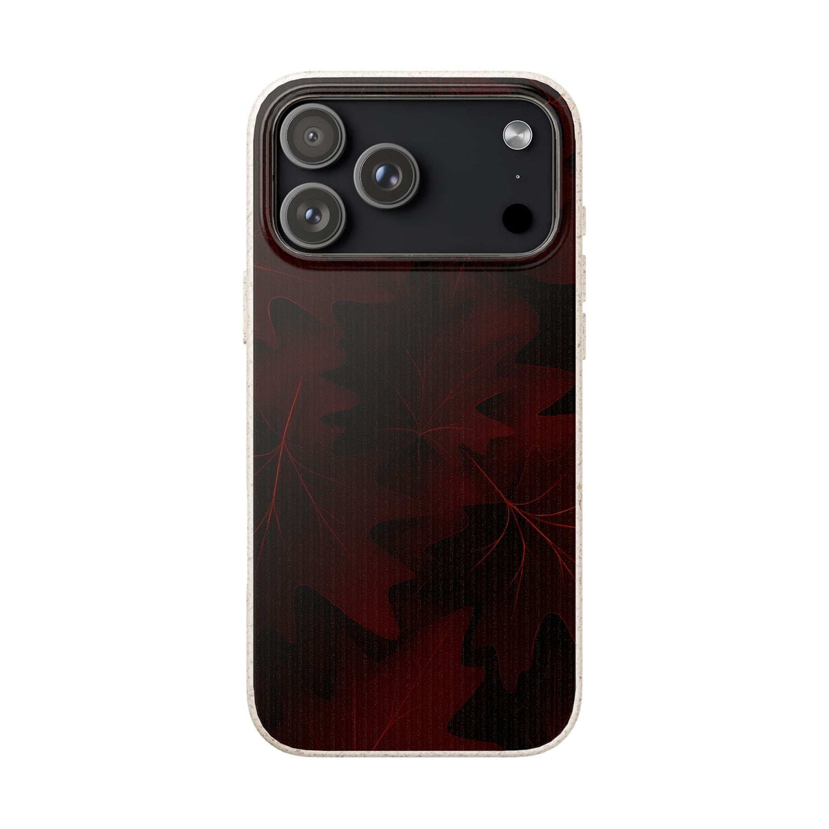 Red and dark leaf-pattern phone case with camera cutouts and raised lens frame