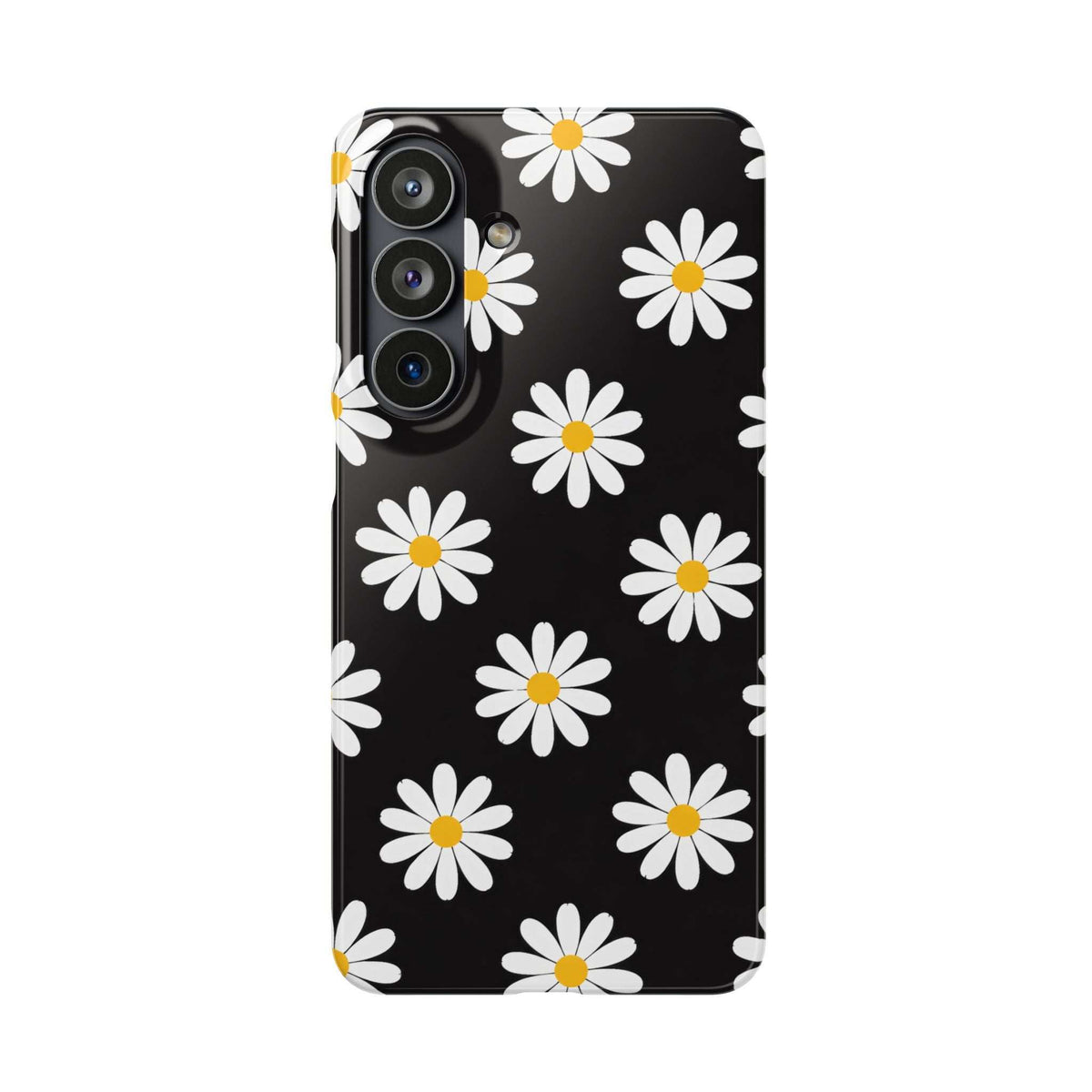 Black phone case with white daisies and yellow centers; raised cutouts for 3 camera lenses