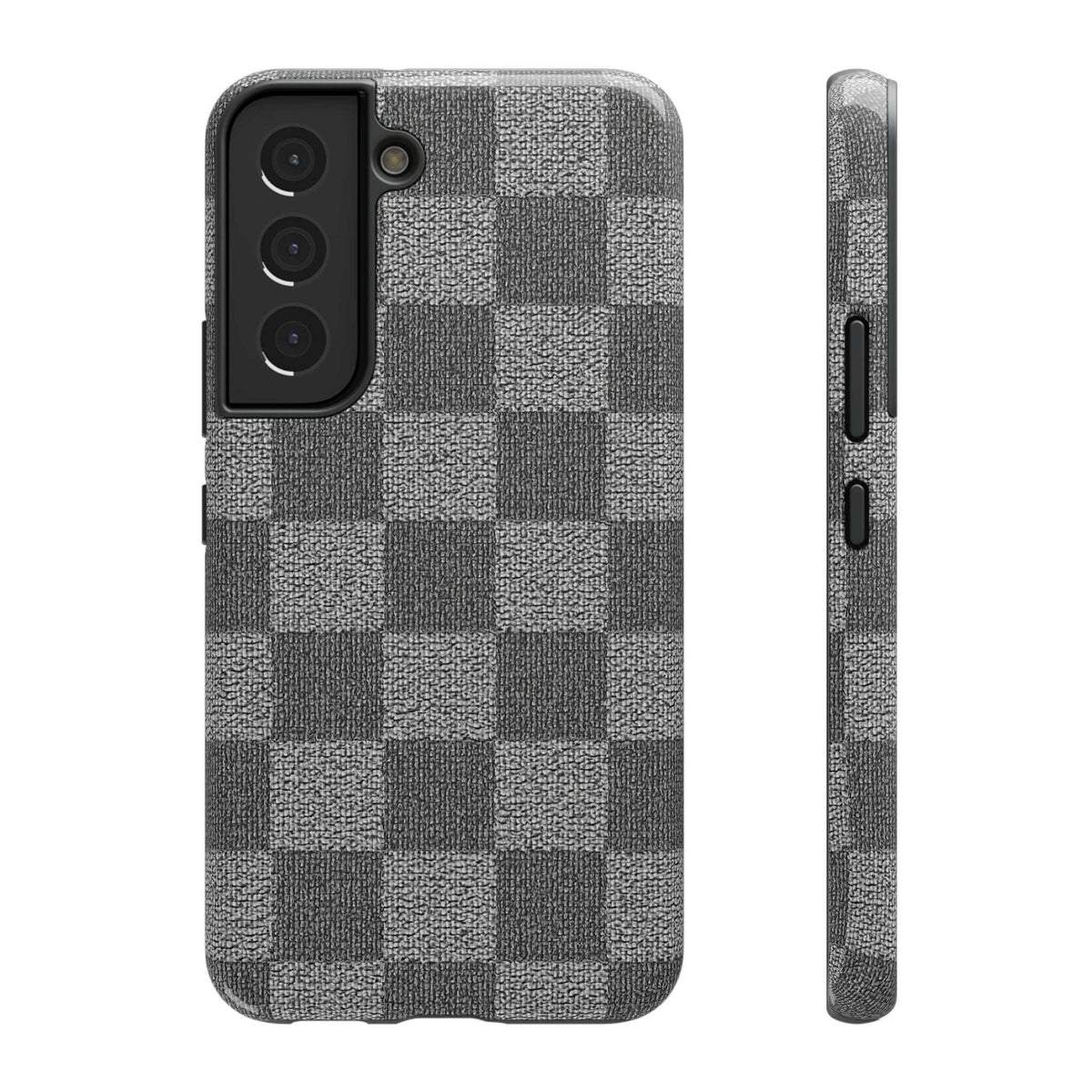 Gray checkered phone case with textured fabric look and raised camera module