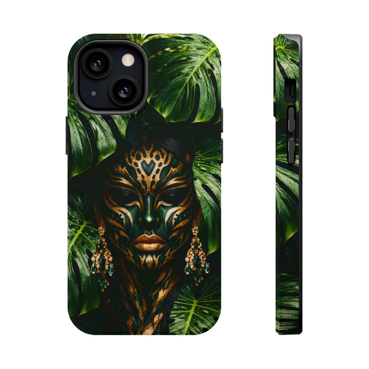 iPhone phone case with green jungle foliage and golden mask face, front and side profile