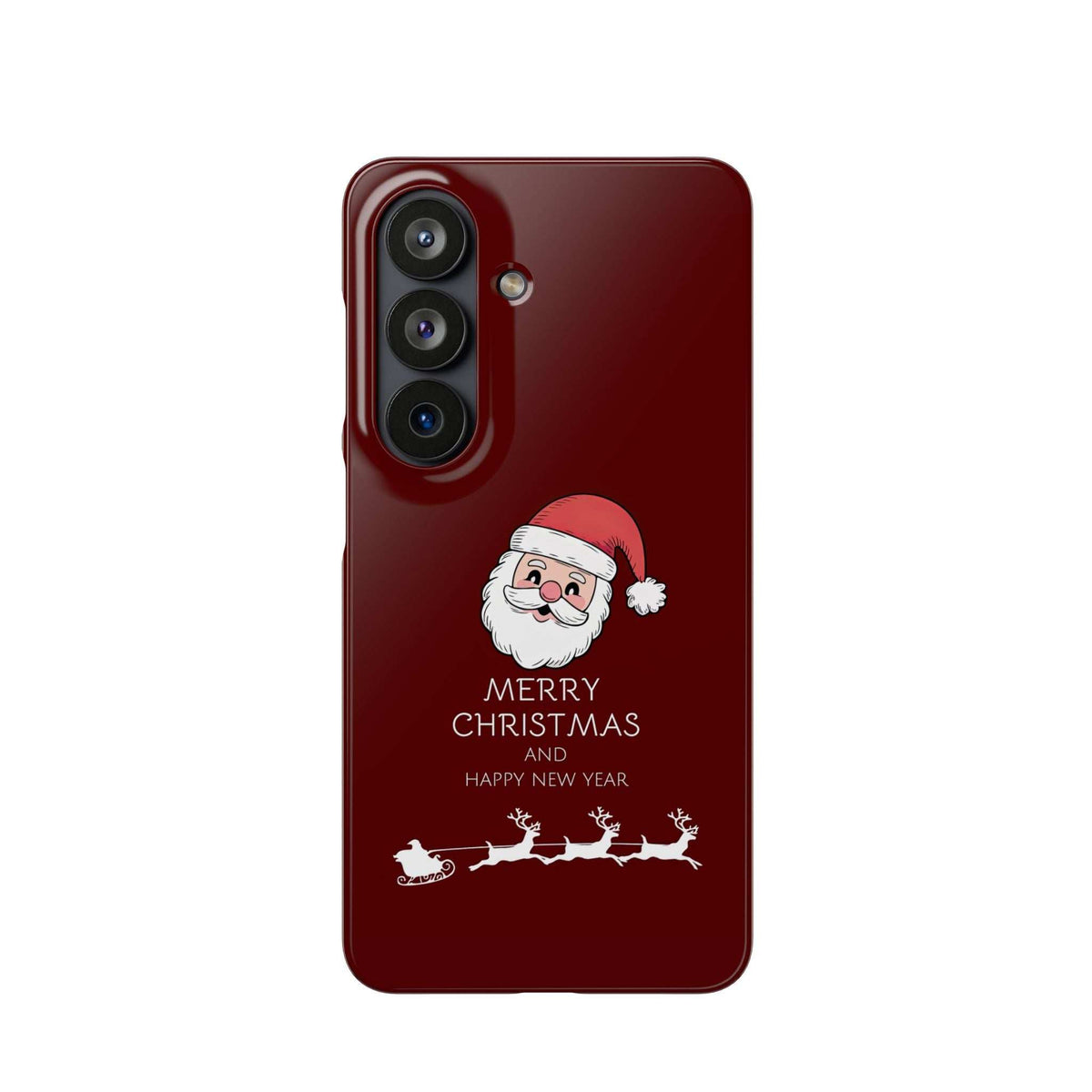 Maroon glossy phone case with Santa and “MERRY CHRISTMAS” text, camera lens cutouts