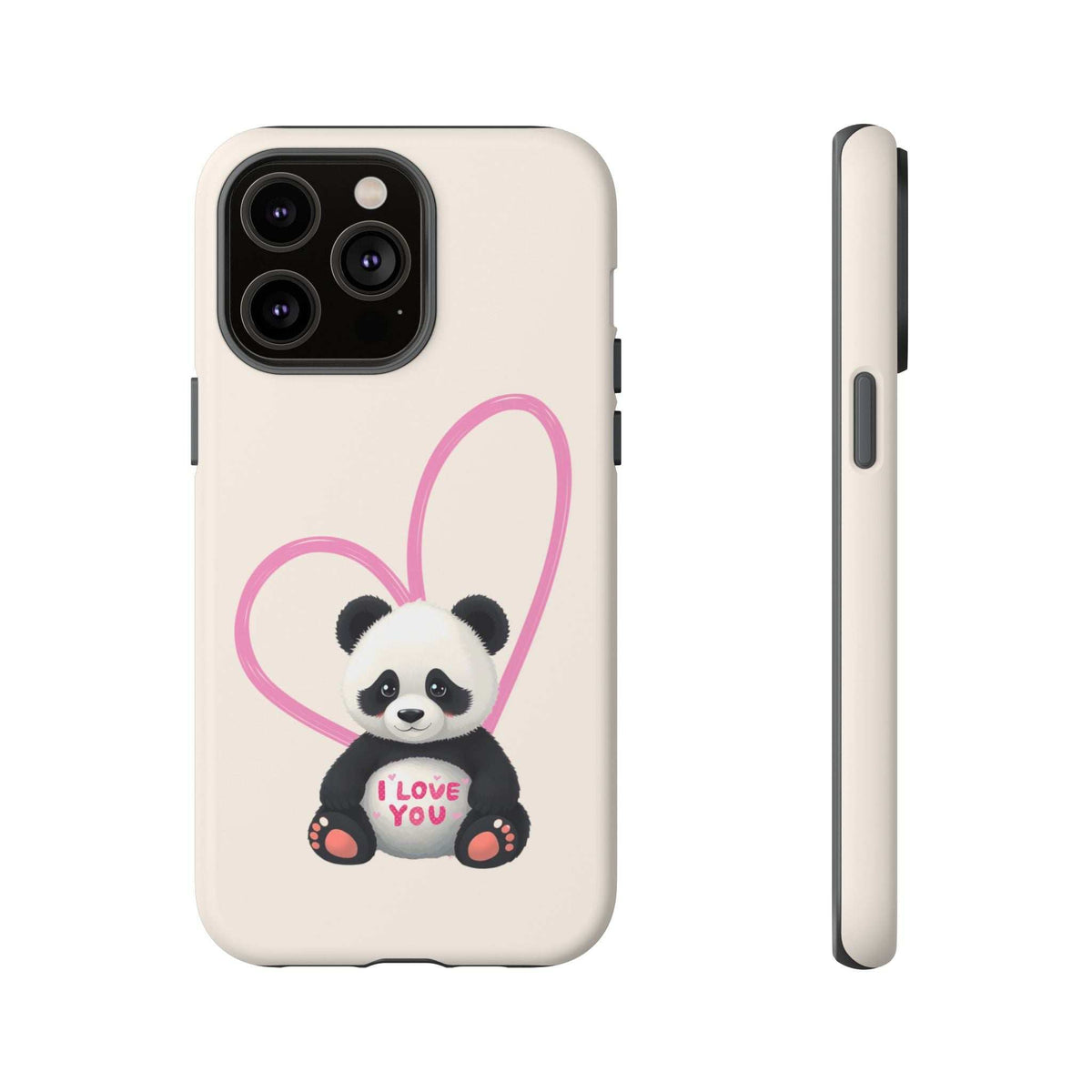 Beige phone case with panda in pink heart and 'I LOVE YOU'; triple camera cutouts visible.