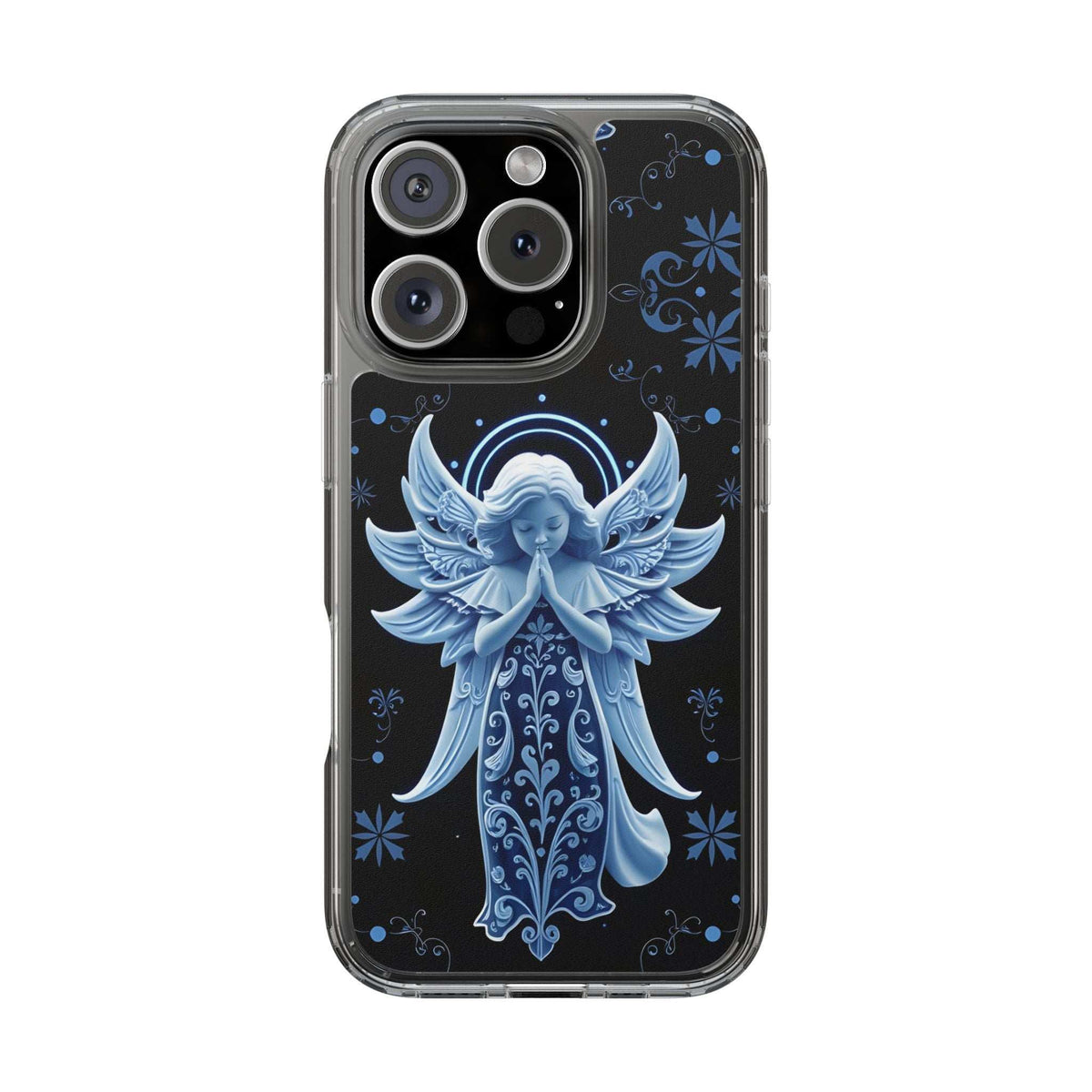 Clear phone case with blue angel praying graphic and ornate floral pattern
