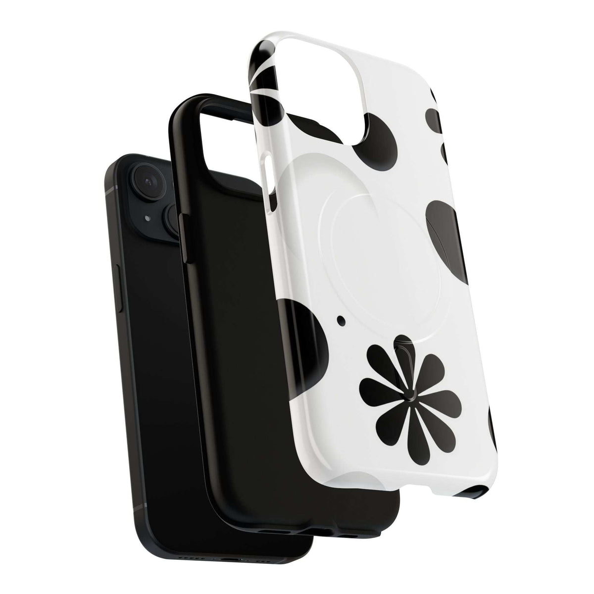 Magnetic phone case set: white case with black flower print and a dark backing case