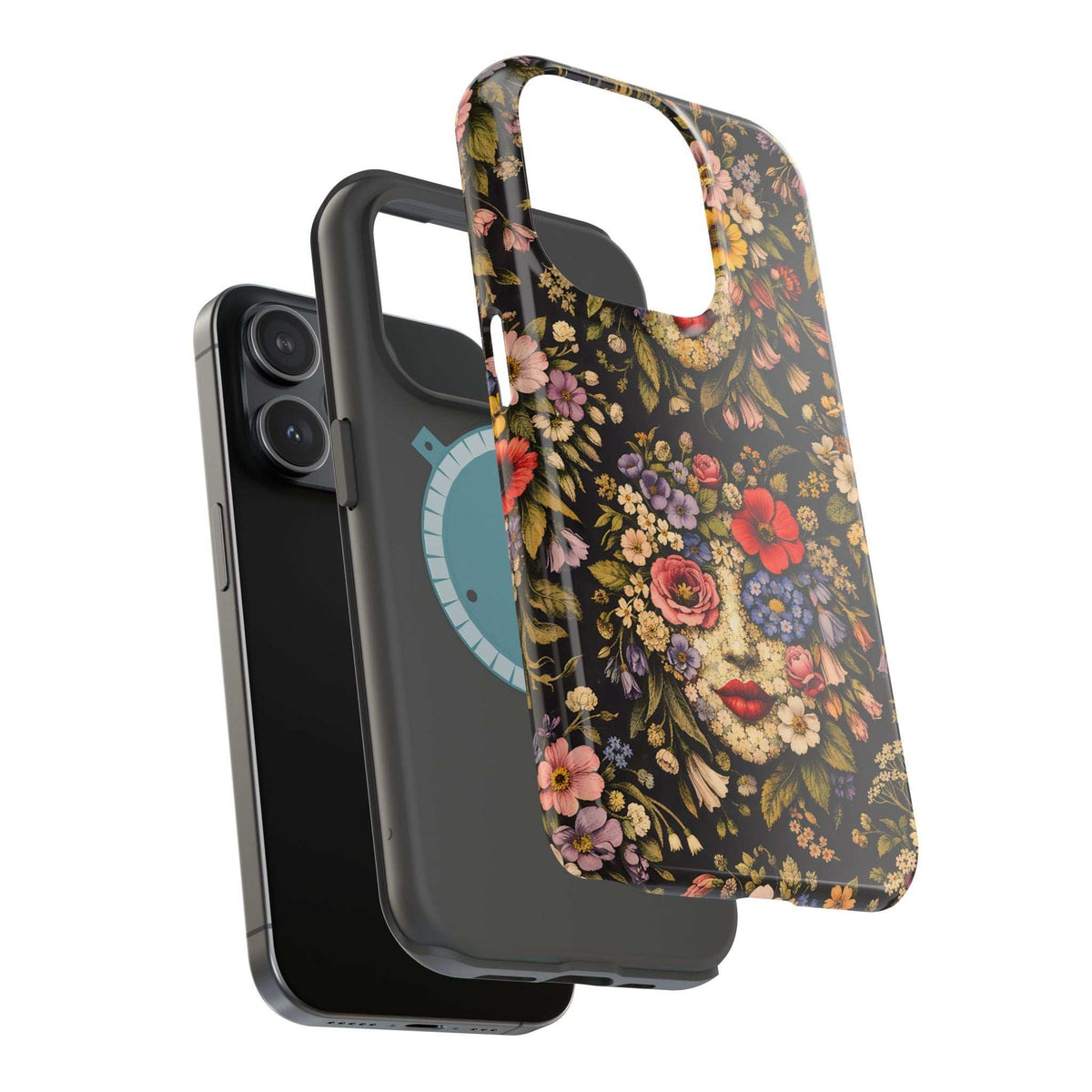 Floral face phone case with dark background; side view showing button and port openings