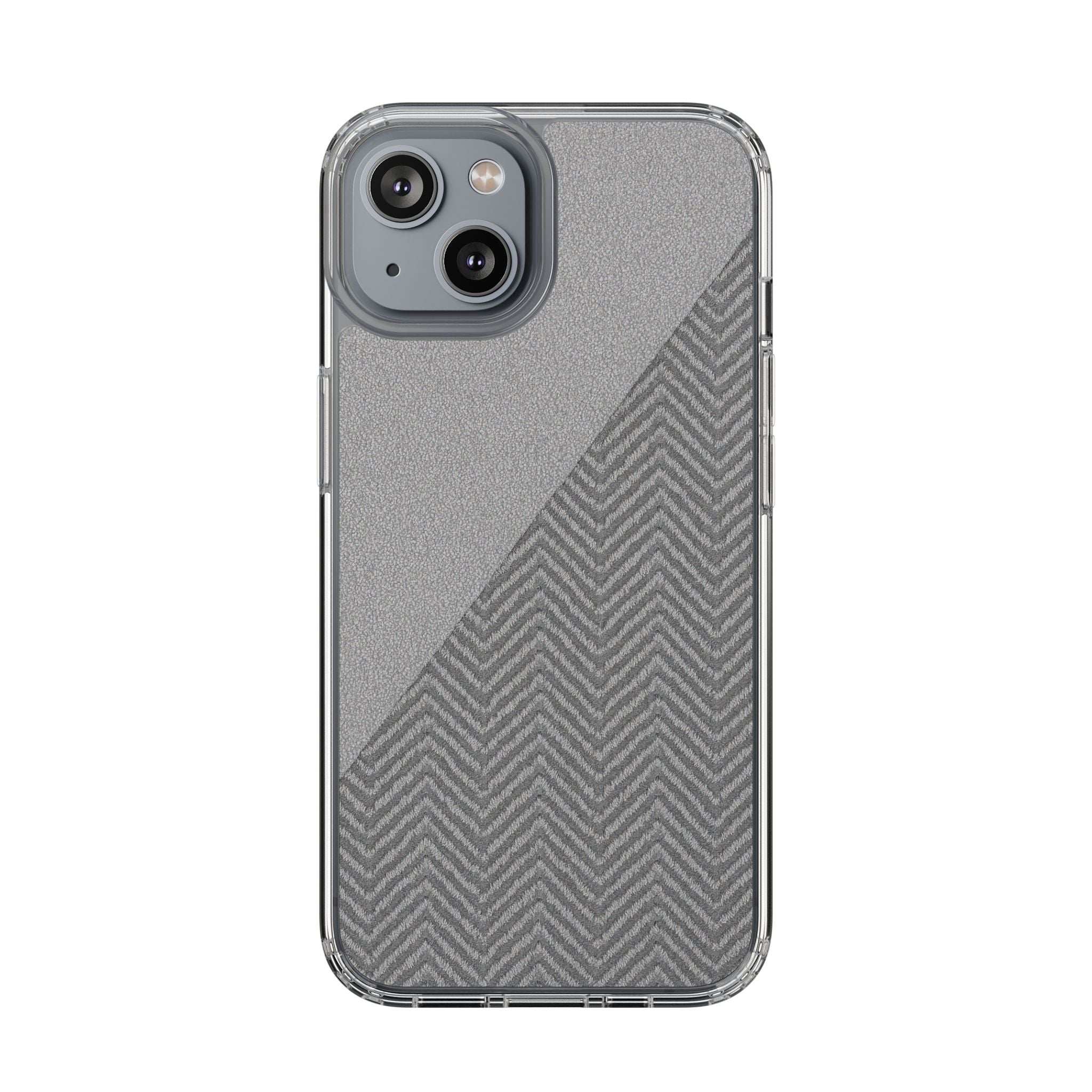 Rugged phone case featuring herringbone fabric-look texture and camera openings for iPhone 12-17