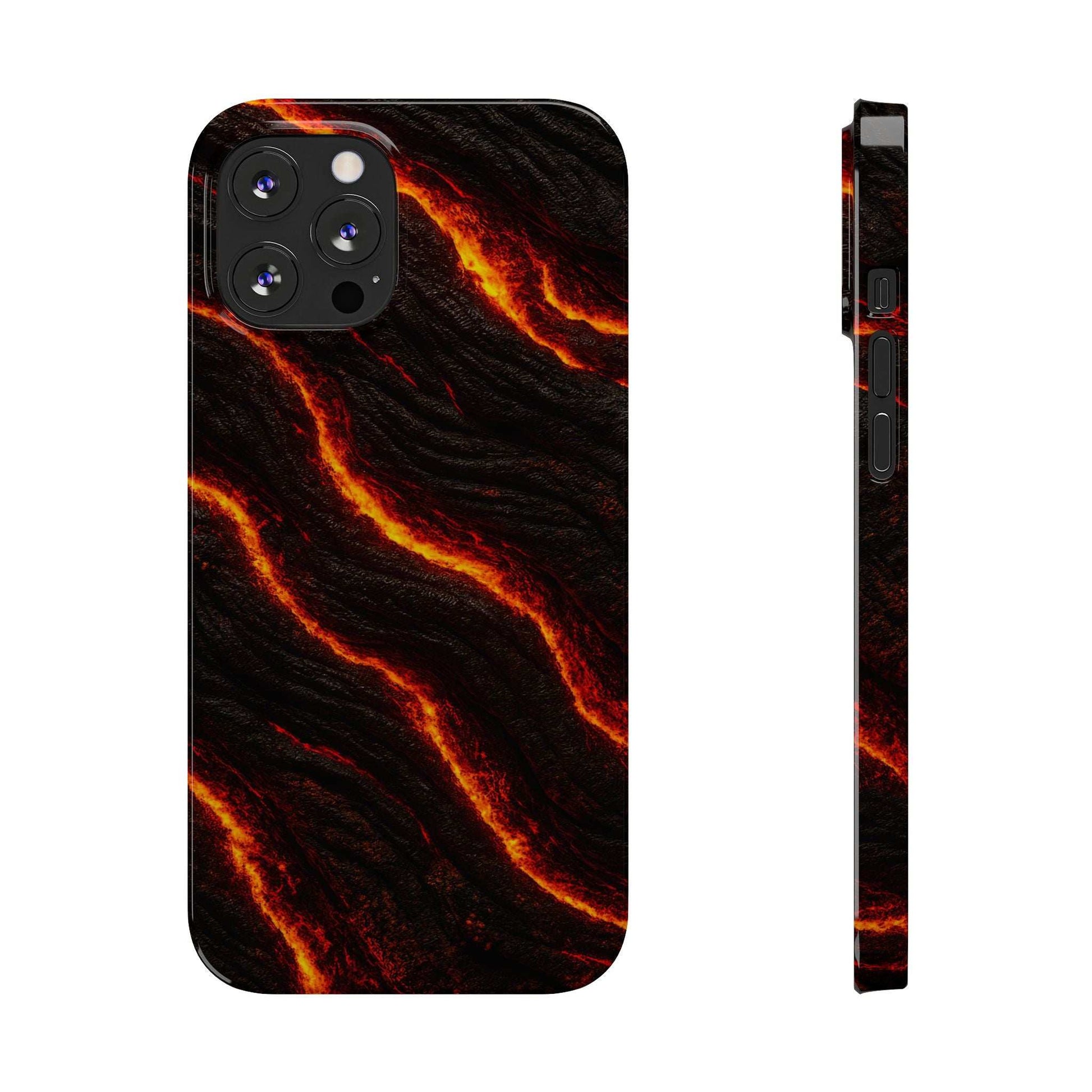 Black phone case with orange glowing lava lines; back camera openings and side profile.