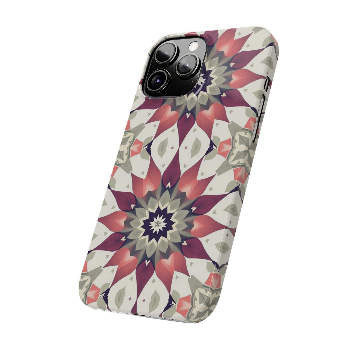 Phone case slanted view with burgundy and navy mandala floral print on cream, three camera lenses.