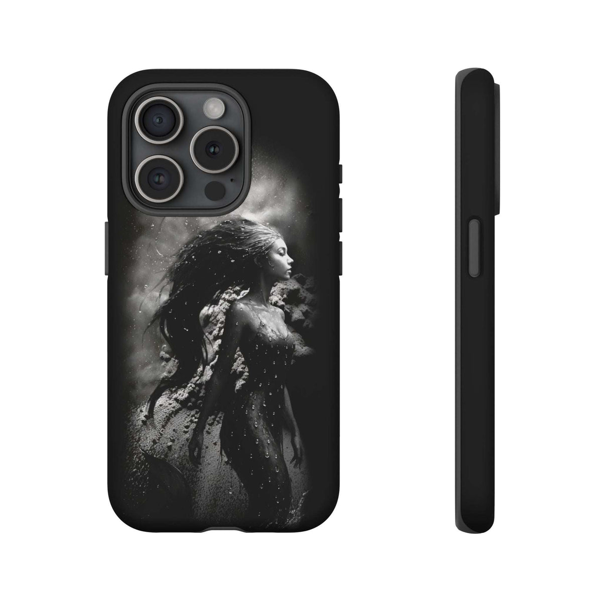 Monochrome mermaid phone case with black back featuring mermaid artwork, front and side profile