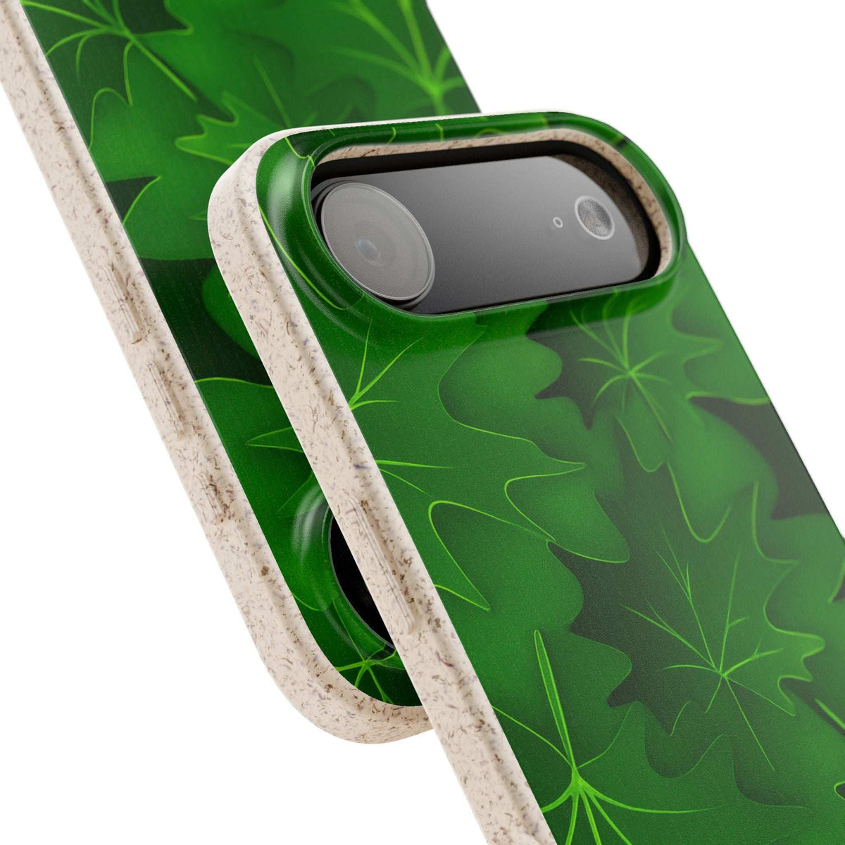 Green botanical phone case with clear cutouts for triple rear camera lenses