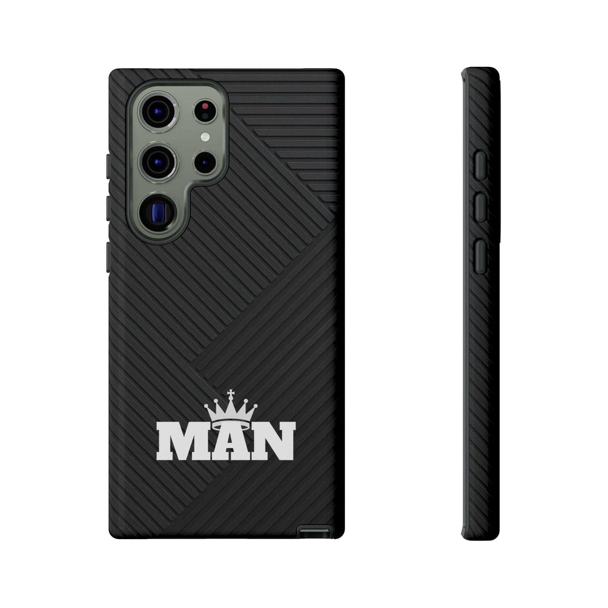 Black MAN logo phone case with textured diagonal pattern; visible camera module cutouts.