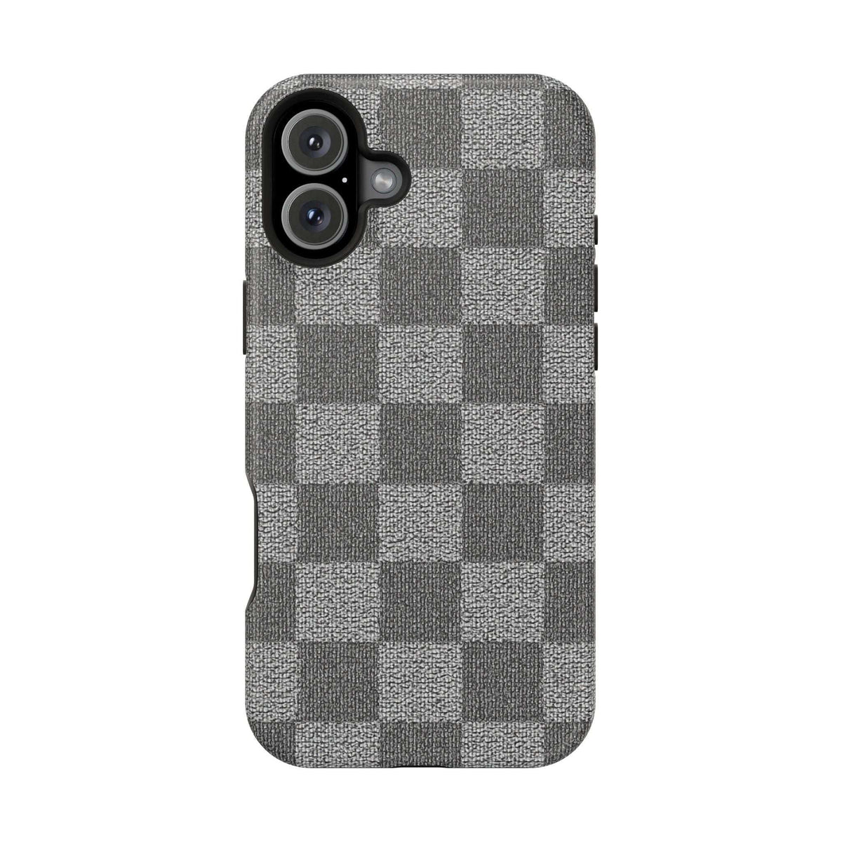 Gray checkered phone case with camera cutouts and side button openings, fabric texture